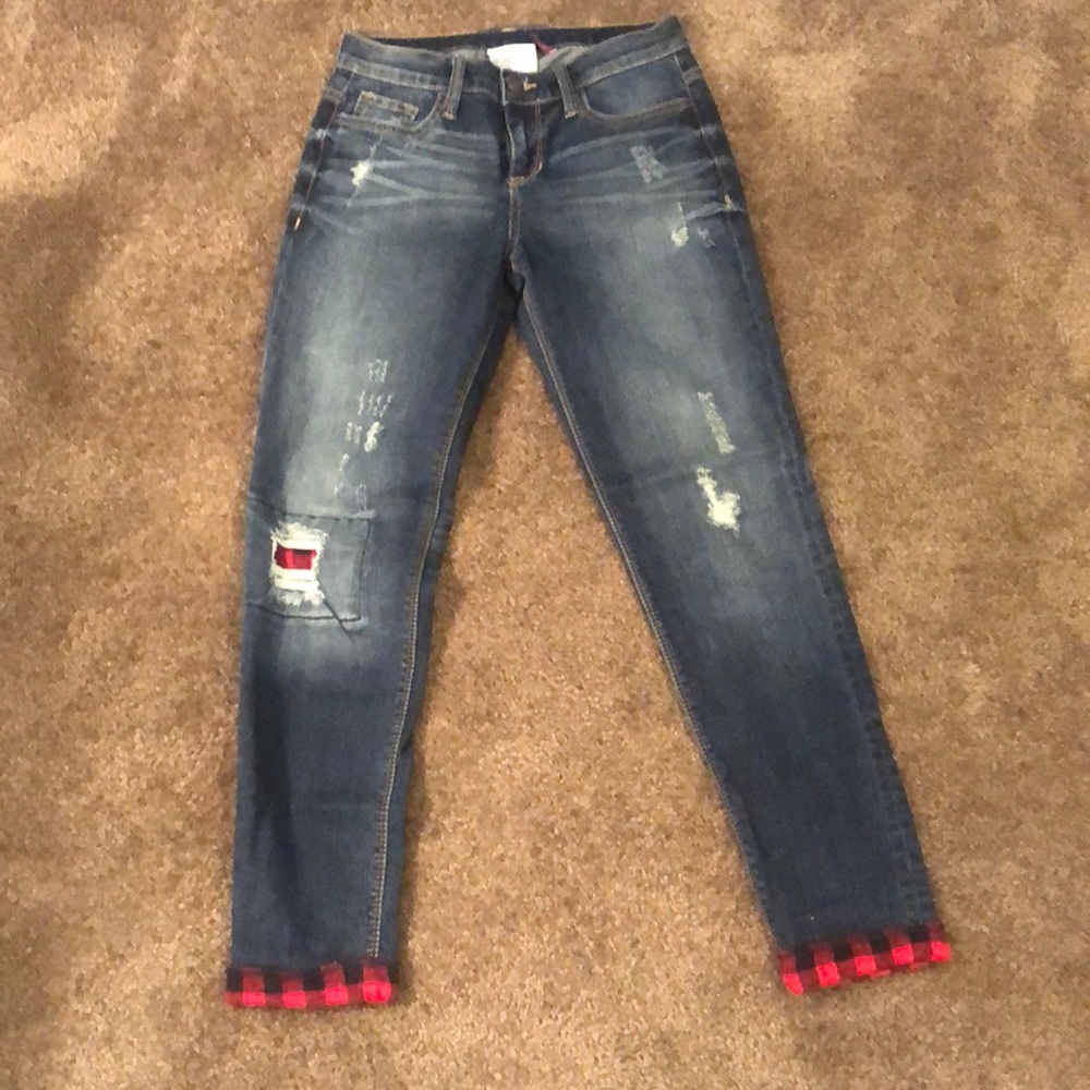 Distressed Blue Jeans with Plaid Detail